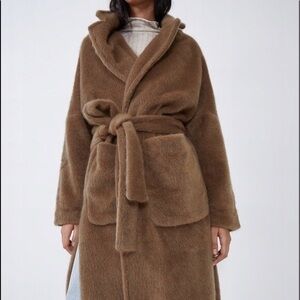 Zara Brown Faux Fur Belted Wrap Coat